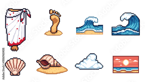 Retro pixel summer icons with beach and ocean vibe