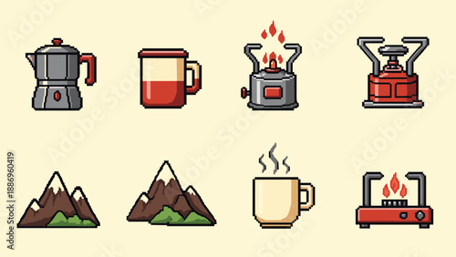 Pixel art icons for camping and outdoor adventure, featuring coffee and cooking gear