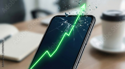 Stock Market Chart Displaying Steep Growth Trend on Smartphone Screen with Cracks