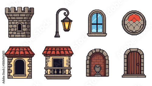 Collection of pixel art architectural elements for game design and fantasy settings