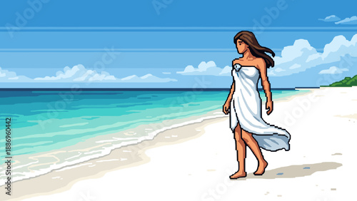 Woman walking on a beach in pixel art style with clear blue sky and ocean waves