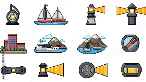 Collection of pixel art icons representing maritime and travel themes