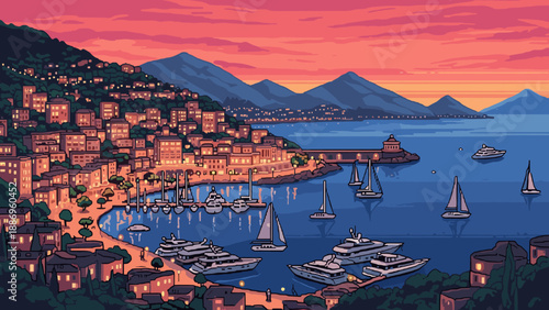 Pixel art coastal town with yachts and sailboats at sunset