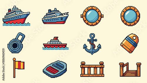Pixel art nautical icons collection featuring ships, anchors, and maritime elements