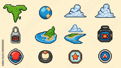 Pixel art collection of game assets including islands, clouds, and icons