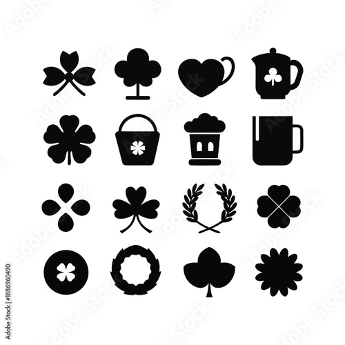 St. Patrick's Day Irish Lucky Charm Silhouettes Vector Set Shamrocks Pot of Gold Leprechaun Hats Heart Icons Clipart Graphic Elements
