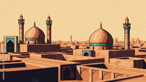Pixel art illustration of ancient Islamic architecture with domes and minarets under a pale sky