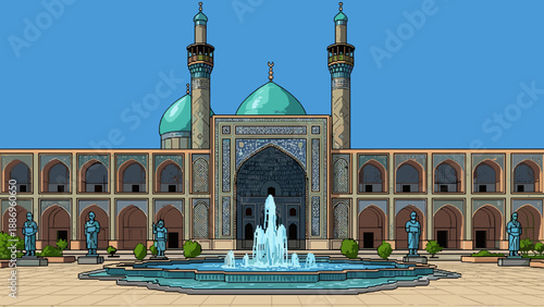 Pixel art mosque with fountain and minarets in detailed architectural design