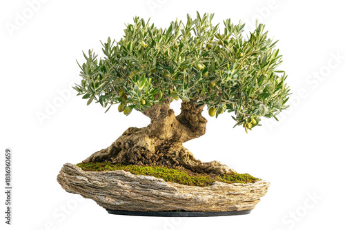 Olive bonsai with textured trunk, moss, in grey stone pot