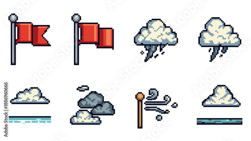 Retro pixel art weather icons: wind, clouds, and storm elements