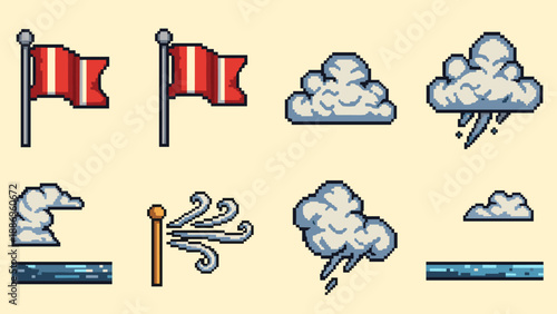 Pixel art weather icons: flag, clouds, wind, rain, waves in retro style