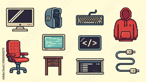 Retro pixel art technology icons representing vintage office equipment in nostalgic style