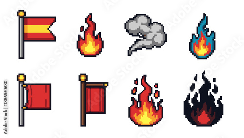 Retro pixel art: flags and flames with vintage gaming vibes