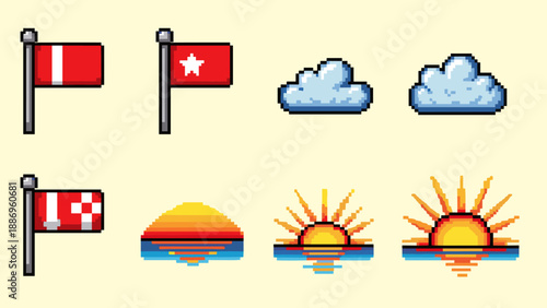 Pixel art icons of flags, clouds, and sunrises over water for retro game design