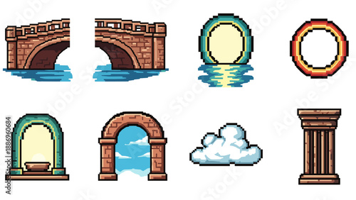 Pixel art bridge and architectural elements with cloud and water reflections