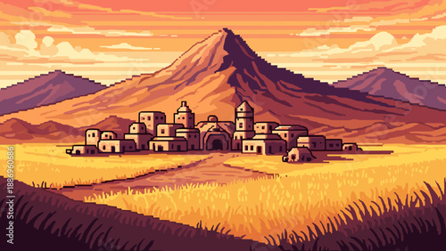 Ancient desert village against mountain backdrop in pixel art style
