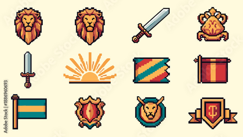 Pixel art collection of heraldic symbols and emblems for game design