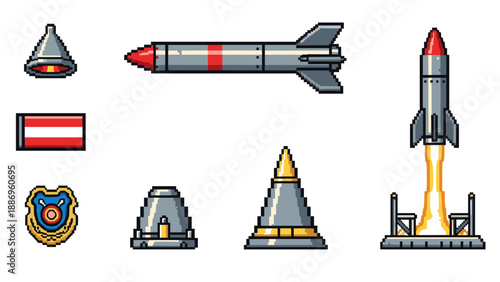 Retro pixel art rocket set with launch pad and missile elements