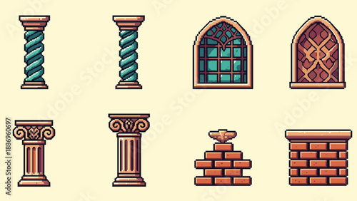 Retro pixel art architectural elements: columns and windows