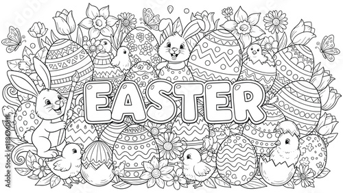 Easter Bunny, Chicks, Eggs and Flowers - Coloring Page Design