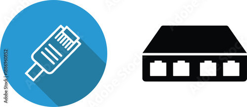 Network switch and ethernet cable icon set technology data communication hardware vector illustration flat and solid design