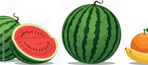 Vector illustration set of fresh fruit featuring whole and halved striped watermelons a yellow banana and an orange