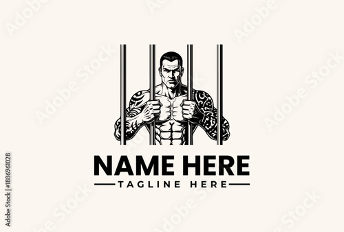 A black and white illustration of a muscular man with a focused expression, holding bars, surrounded by a logo template with placeholder text on a plain background.