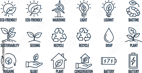 Eco-friendly icons representing sustainability and conservation in a simple, line-art style from a straightforward viewpoint.