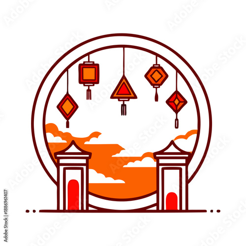 Illustration of a Chinese gate with hanging lanterns in a circular frame against an orange sky with clouds.