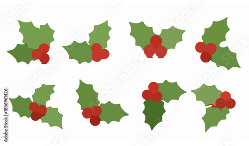 3D Christmas holly leaves and red berry decoration set for holiday cards