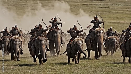 Elephant Cavalry charging across grassy plains with archers aiming bows in epic battle