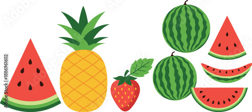 Vector illustration set of fresh tropical fruit featuring a pineapple strawberry whole striped watermelons and various red fruit slices