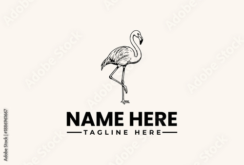 A minimalist illustration of a flamingo standing on one leg with placeholder text for a logo or brand name on a clean white background.