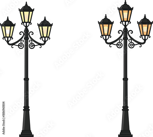 Ornate street lamp illustration with triple lanterns classic outdoor lighting decorative urban vector design elegant vintage style