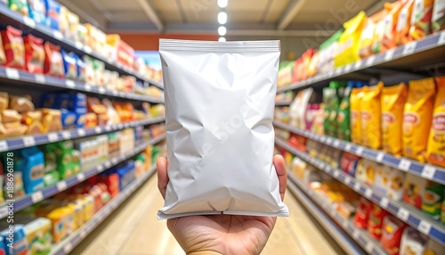 Hand holding blank snack bag in supermarket aisle.