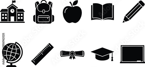 Back to school vector icon collection set with school bus backpack books apple graduation cap globe and diploma silhouettes isolated on white background