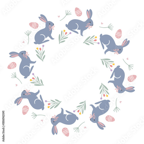 Simple round frame with cute bunnies, hearts, eggs arranged in a laconic, modern ring. Minimalistic and playful design perfect for Happy Easter, Easter graphics, cards, stickers and invitations. Vecto