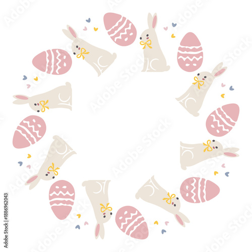 Simple round frame with cute bunnies, hearts, eggs arranged in a laconic, modern ring. Minimalistic and playful design perfect for Happy Easter, Easter graphics, cards, stickers and invitations. Vecto
