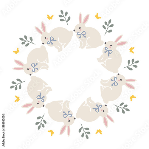 Simple round frame with cute bunnies, hearts, eggs arranged in a laconic, modern ring. Minimalistic and playful design perfect for Happy Easter, Easter graphics, cards, stickers and invitations. Vecto