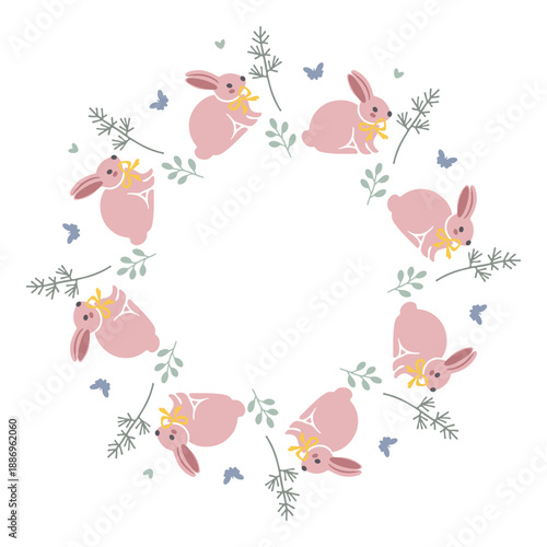 Simple round frame with cute bunnies, hearts, eggs arranged in a laconic, modern ring. Minimalistic and playful design perfect for Happy Easter, Easter graphics, cards, stickers and invitations. Vecto