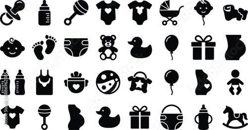 Black baby icon set featuring nursery equipment toys stroller clothing and pregnancy silhouettes isolated on white background for newborn shower