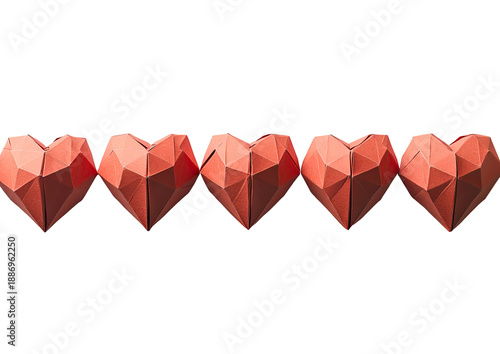 Geometric hearts in a row, faceted, rosy pink, black backdrop