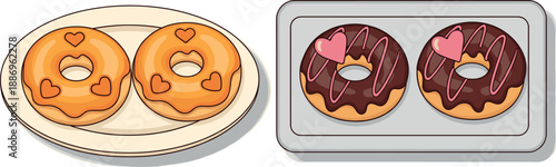 Vector illustration set of glazed donut pairs featuring orange and chocolate icing with decorative hearts on serving trays