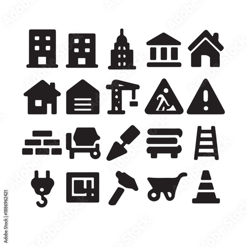 Real estate icon set with house, home, building, and property symbols in a clean vector style