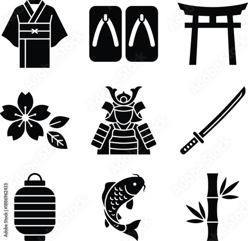Japanese Culture and Tradition Icon Set Featuring Kimono Torii Gate Samurai Armor Katana Sword Cherry Blossom Lantern Koi Fish and Bamboo