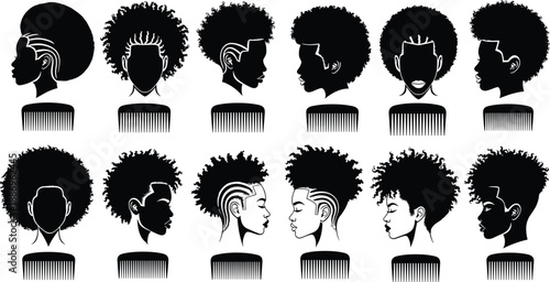 Afro hairstyle and female face silhouette icon set isolated on white background, natural curly hair portraits for beauty design, salon branding, fashion illustrations