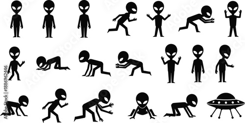 Alien silhouette character set with multiple poses and UFO, black vector illustrations for sci fi themes, space design, cartoons, icons, and creative graphics