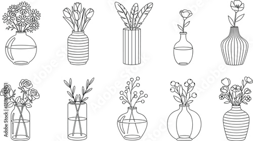 Floral line icon set featuring flower vases, roses, tulips, daisies, botanical stems, glass jars, minimalist home decor and spring garden elements.