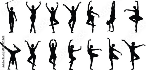 Ballet dancer silhouette collection showing graceful female dance poses jumps and balances in black vector style for classical dance art fitness performance and choreography illustration projects