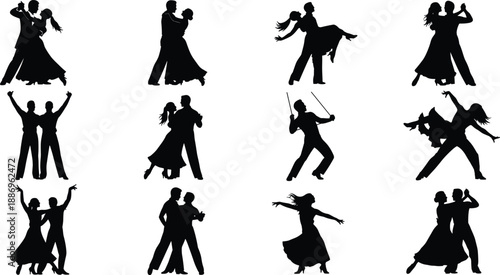 Ballroom and Latin dance couple silhouette collection showing romantic partner movements elegant poses and expressive choreography in black vector style for dance studio performance and 